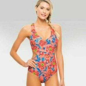 Tori Praver Floral One Piece Swimsuit - Pink and Blue